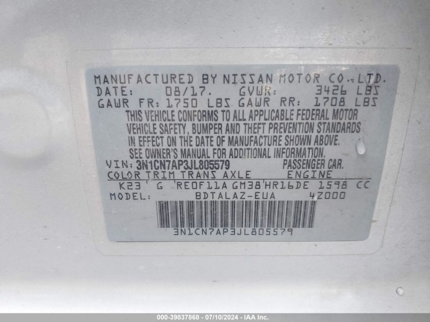 2018 Nissan Versa S/S Plus/Sv/Sl VIN: 3N1CN7AP3JL805579 Lot: 39837868