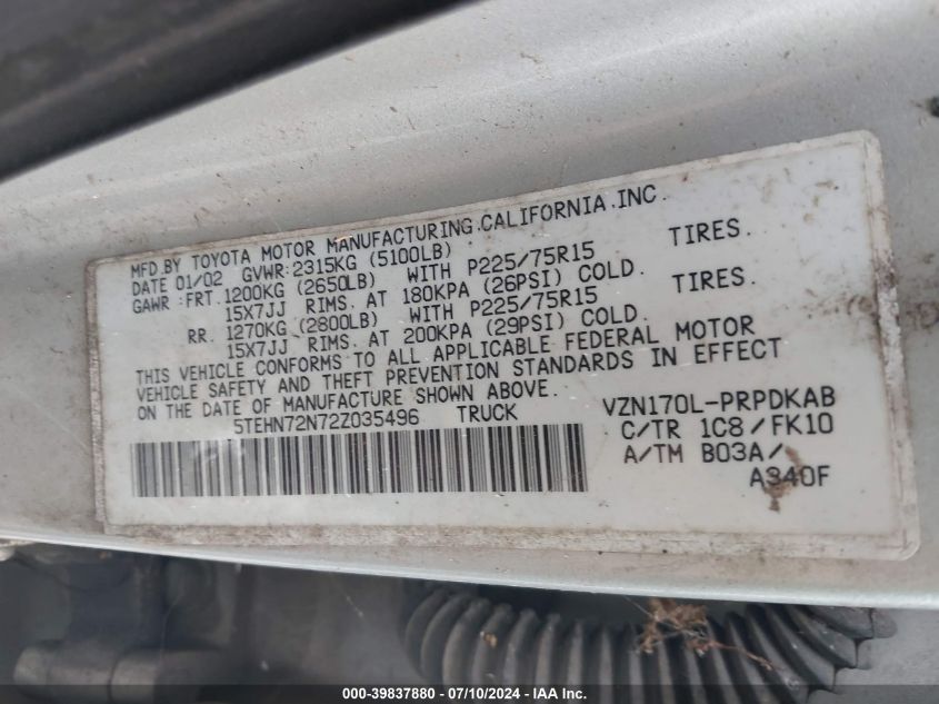 2002 Toyota Tacoma Base V6 VIN: 5TEHN72N72Z035496 Lot: 39837880