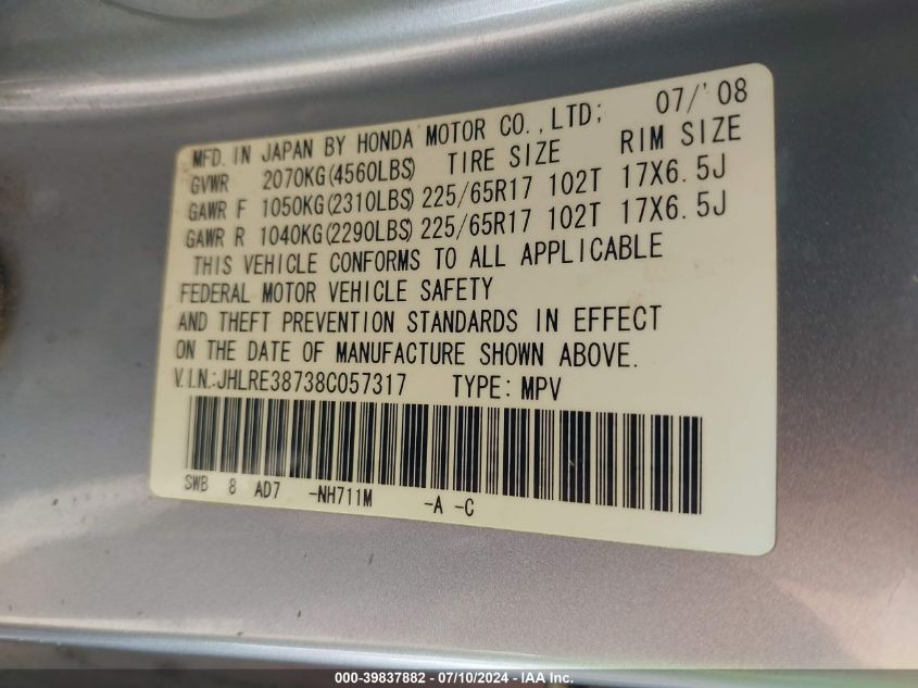 2008 Honda Cr-V Ex-L VIN: JHLRE38738C057317 Lot: 39837882