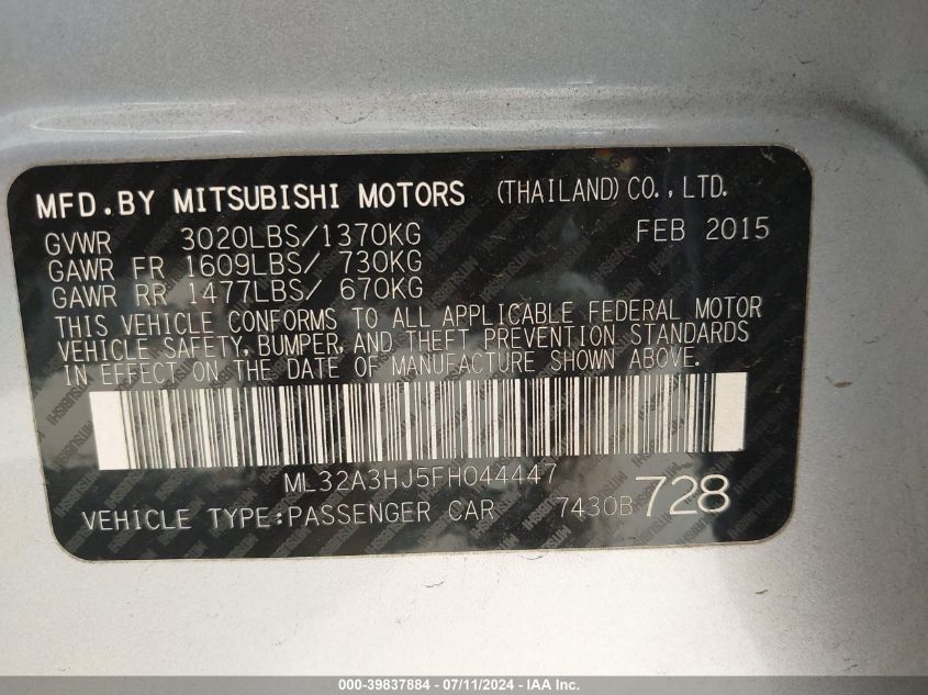 2015 Mitsubishi Mirage De VIN: ML32A3HJ5FH044447 Lot: 39837884