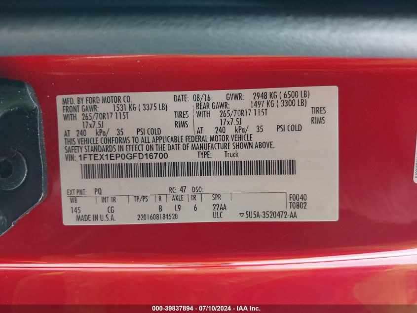 2016 Ford F150 Xl VIN: 1FTEX1EP0GFD16700 Lot: 39837894