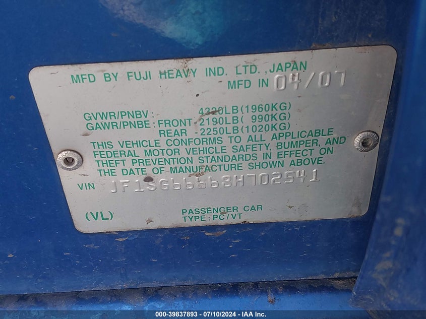 2008 Subaru Forester Sports 2.5X/Sports 2.5Xt VIN: JF1SG66668H702541 Lot: 39837893