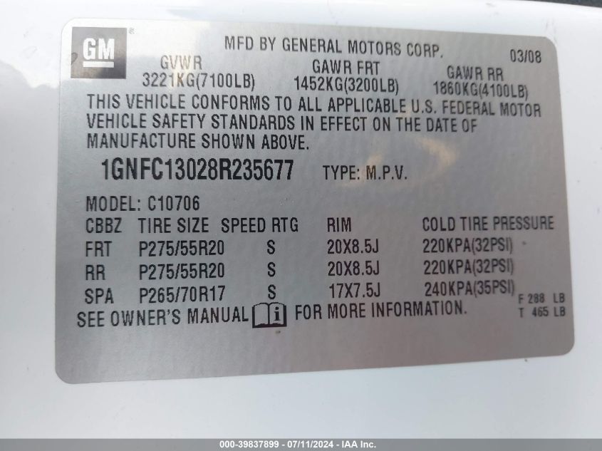 2008 Chevrolet Tahoe Ltz VIN: 1GNFC13028R235677 Lot: 39837899