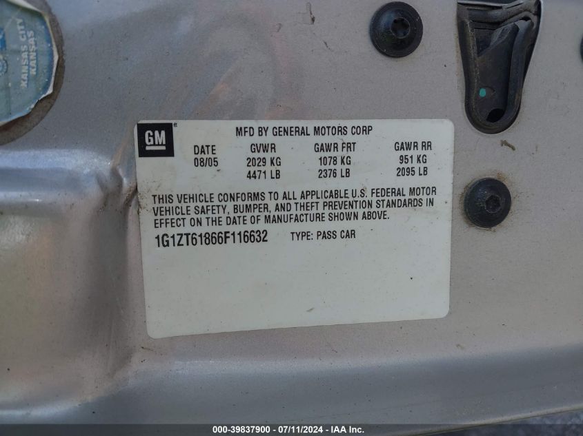 2006 Chevrolet Malibu Maxx Lt VIN: 1G1ZT61866F116632 Lot: 39837900