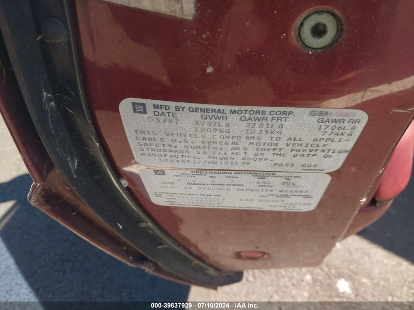 1987 Cadillac Allante VIN: 1G6VR3177HU101178 Lot: 39837929