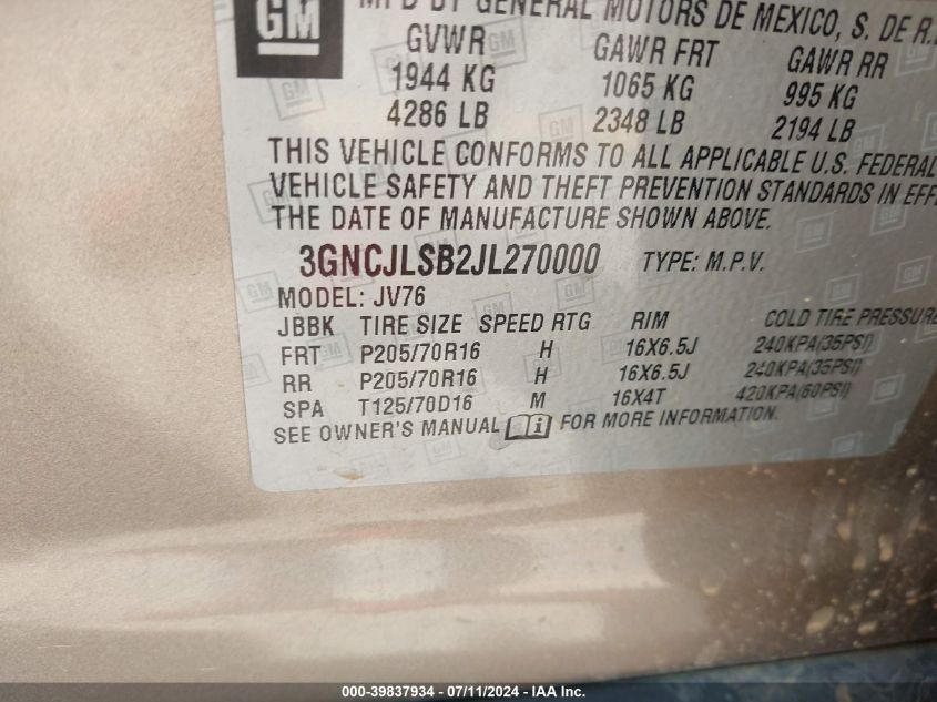 2018 Chevrolet Trax Lt VIN: 3GNCJLSB2JL270000 Lot: 39837934
