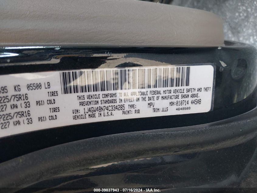 2004 Jeep Grand Cherokee Laredo VIN: 1J4GW48N74C334285 Lot: 39837943