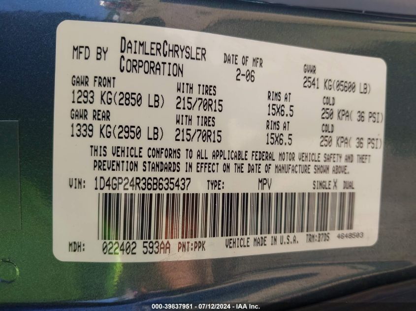 2006 Dodge Grand Caravan Se VIN: 1D4GP24R36B635437 Lot: 39837951