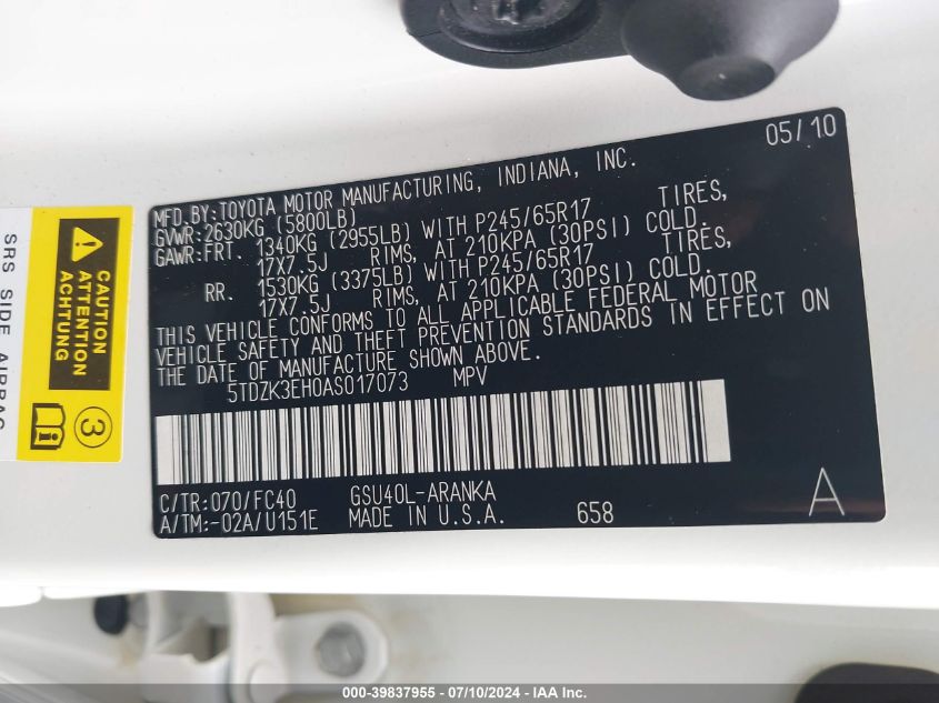 2010 Toyota Highlander Base V6 VIN: 5TDZK3EH0AS017073 Lot: 39837955