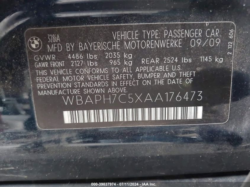 2010 BMW 328I VIN: WBAPH7C5XAA176473 Lot: 39837974