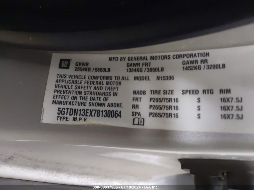 2007 Hummer H3 VIN: 5GTDN13EX78130064 Lot: 39837986