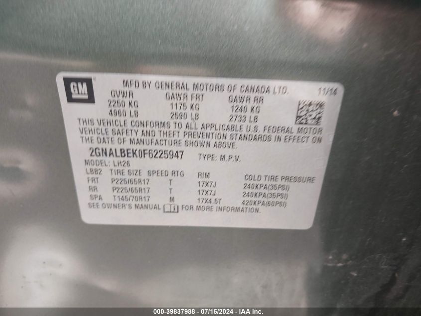 2015 Chevrolet Equinox 1Lt VIN: 2GNALBEK0F6225947 Lot: 39837988