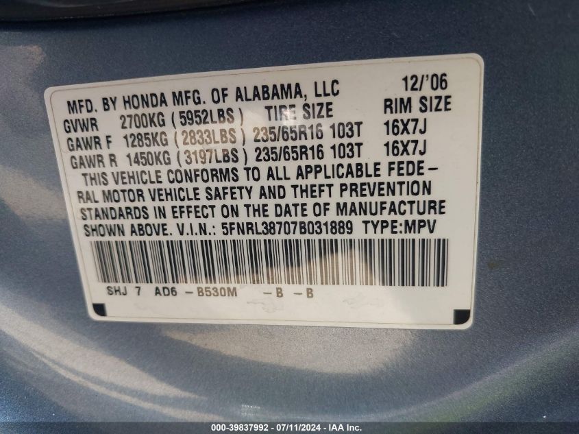 2007 Honda Odyssey Ex-L VIN: 5FNRL38707B031889 Lot: 39837992