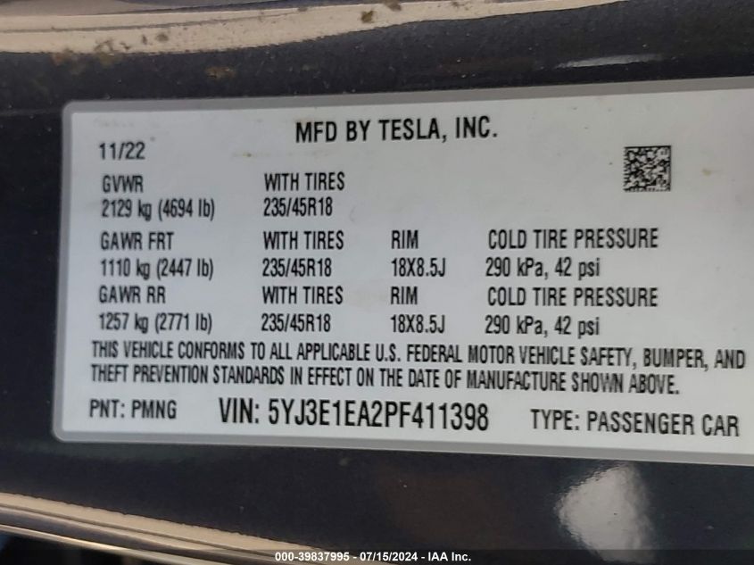 2023 Tesla Model 3 Rear-Wheel Drive VIN: 5YJ3E1EA2PF411398 Lot: 39837995