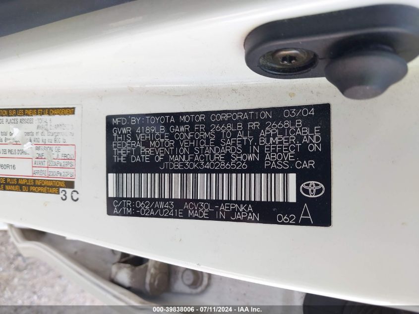 2004 Toyota Camry Le VIN: JTDBE30K340286526 Lot: 39838006