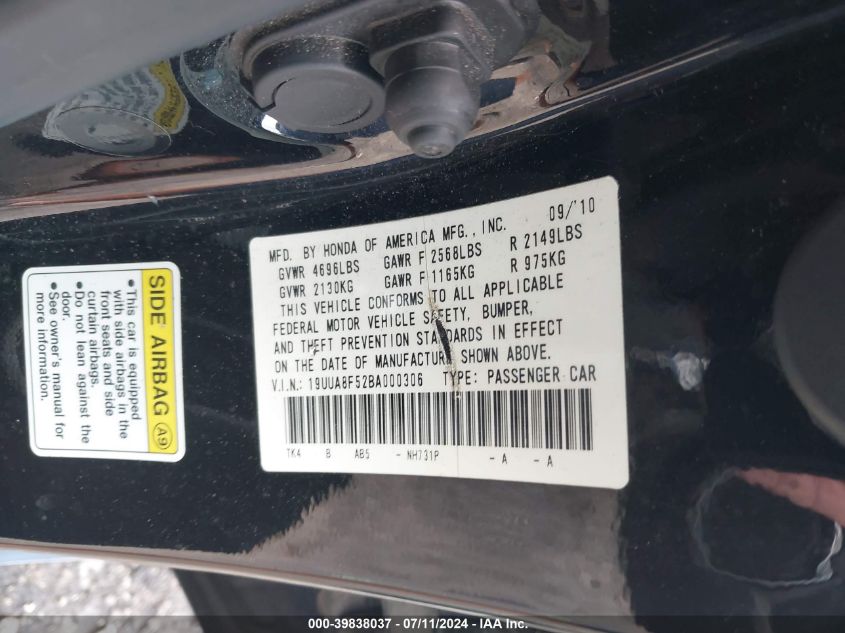 2011 Acura Tl 3.5 VIN: 19UUA8F52BA000306 Lot: 39838037