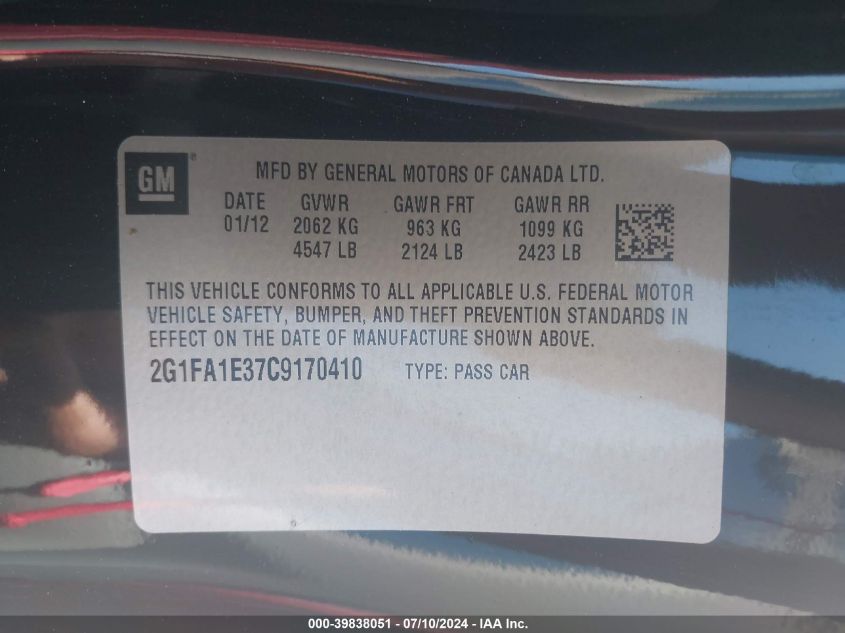 2012 Chevrolet Camaro 2Ls VIN: 2G1FA1E37C9170410 Lot: 39838051