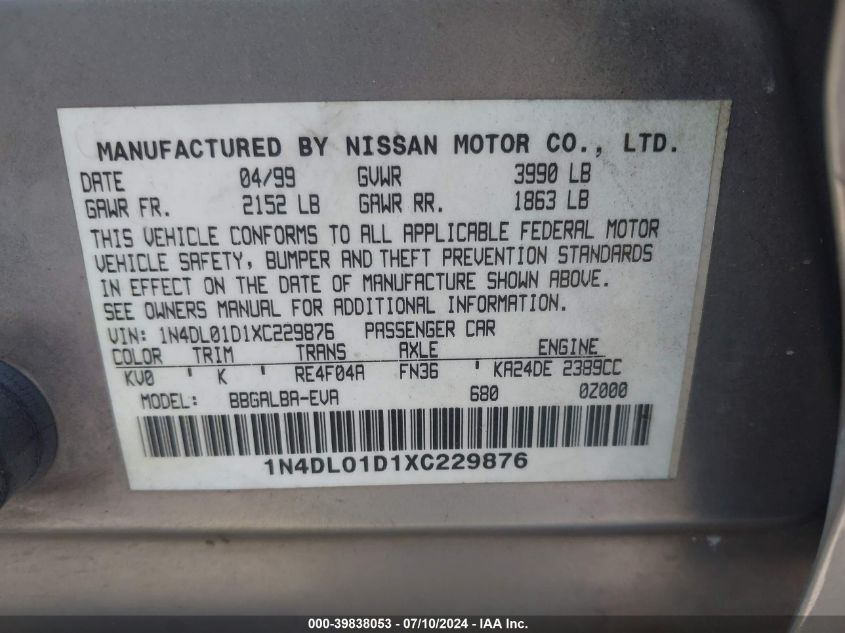 1999 Nissan Altima Gle/Gxe/Se/Se-L/Xe VIN: 1N4DL01D1XC229876 Lot: 39838053