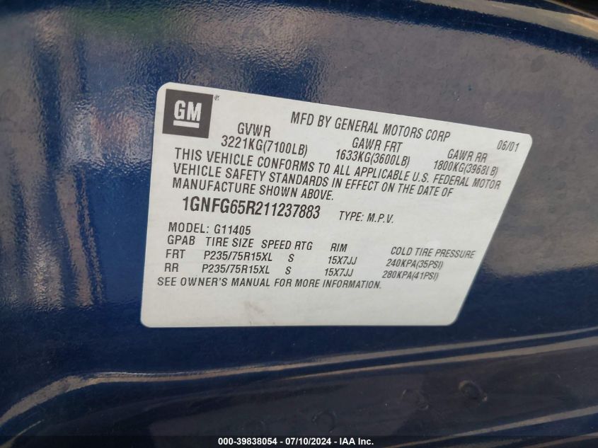 2001 Chevrolet Express Lt VIN: 1GNFG65R211237883 Lot: 39838054