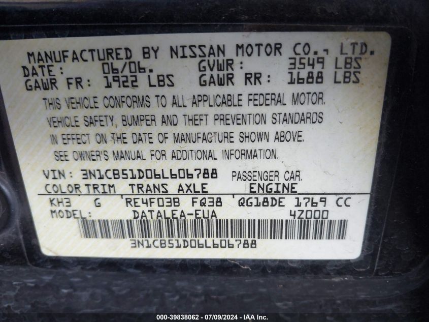 2006 Nissan Sentra 1.8S VIN: 3N1CB51D06L606788 Lot: 39838062