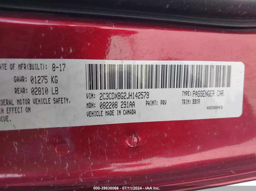 VIN 2C3CDXBG2JH142579 2018 DODGE CHARGER SXT