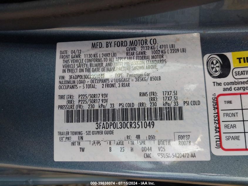 2012 Ford Fusion Hybrid VIN: 3FADP0L30CR351049 Lot: 39838074