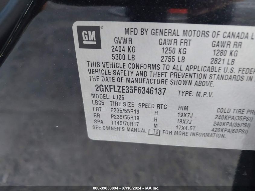 2015 GMC Terrain Denali VIN: 2GKFLZE35F6346137 Lot: 39838094