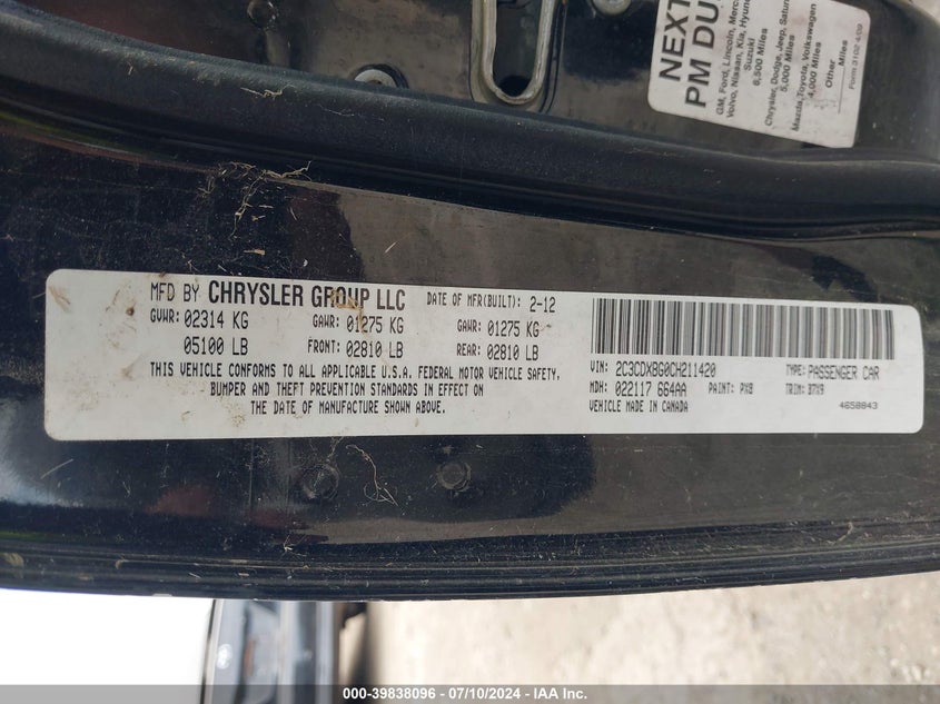 2012 Dodge Charger Se VIN: 2C3CDXBG0CH211420 Lot: 39838096