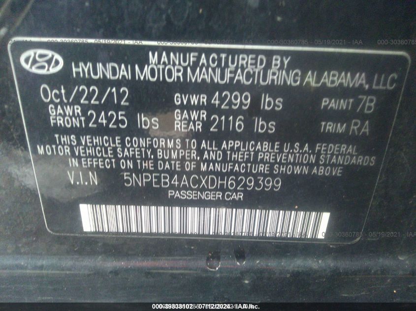 5NPEB4ACXDH629399 2013 Hyundai Sonata Gls