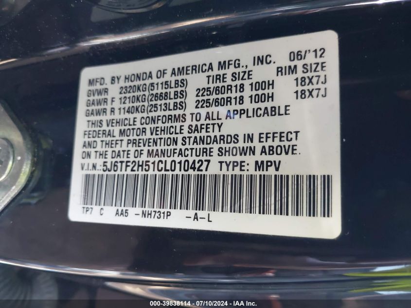 2012 Honda Crosstour Exl VIN: 5J6TF2H51CL010427 Lot: 39838114