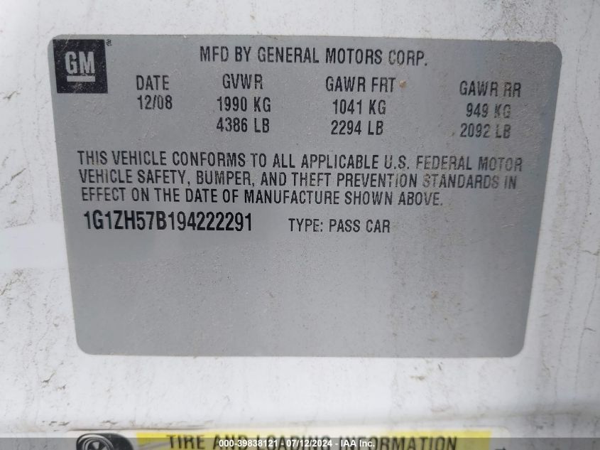 2009 Chevrolet Malibu 1Lt VIN: 1G1ZH57B194222291 Lot: 39838121