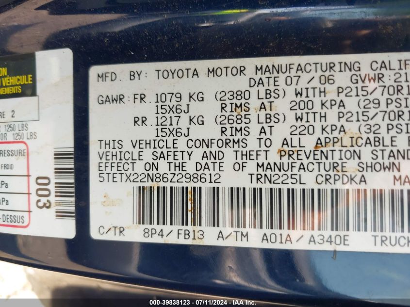2006 Toyota Tacoma VIN: 5TETX22N86Z298612 Lot: 39838123