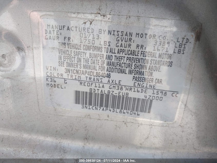 2013 Nissan Versa 1.6 Sv VIN: 3N1CN7AP4DL864046 Lot: 39838124