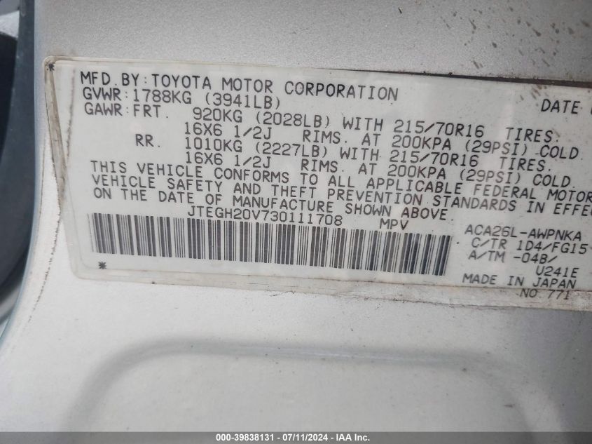 2003 Toyota Rav4 VIN: JTEGH20V730111708 Lot: 39838131