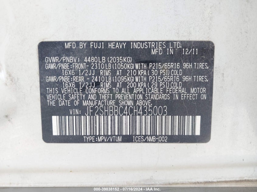 2012 Subaru Forester 2.5X VIN: JF2SHBBC4CH435003 Lot: 39838152