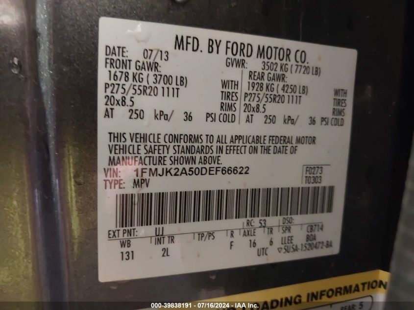 2013 Ford Expedition El Limited VIN: 1FMJK2A50DEF66622 Lot: 39838191