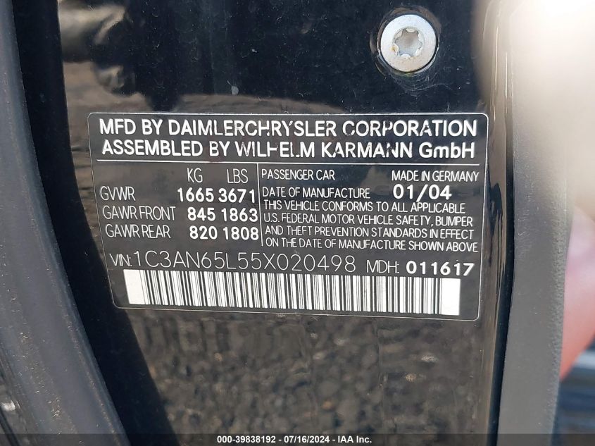 2005 Chrysler Crossfire Limited VIN: 1C3AN65L55X020498 Lot: 39838192
