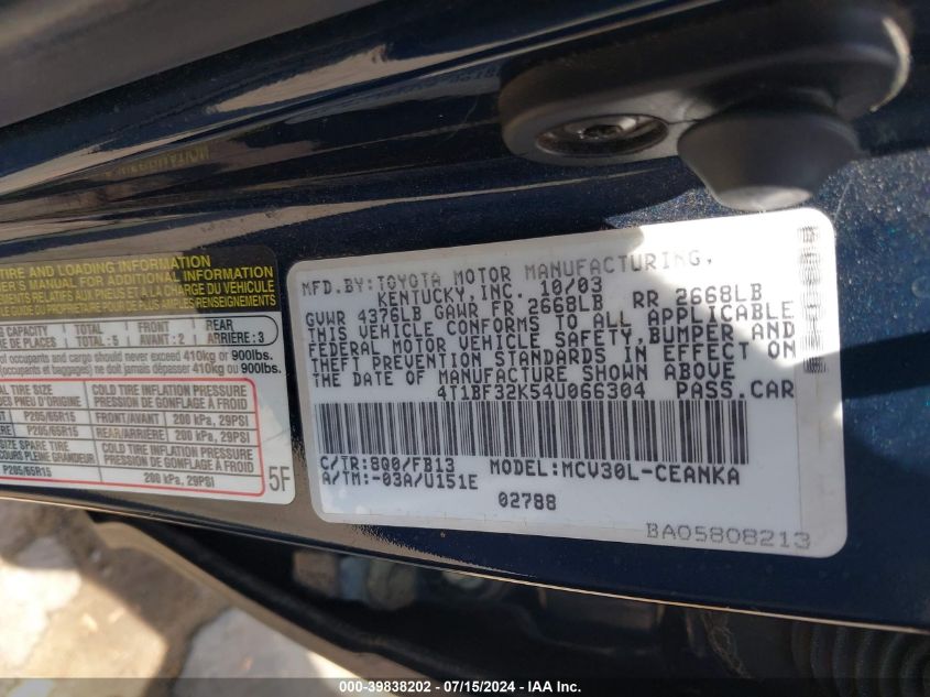 2004 Toyota Camry Le V6 VIN: 4T1BF32K54U066304 Lot: 39838202