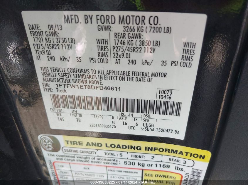 2013 Ford F-150 Limited VIN: 1FTFW1ET8DFD46611 Lot: 39838225