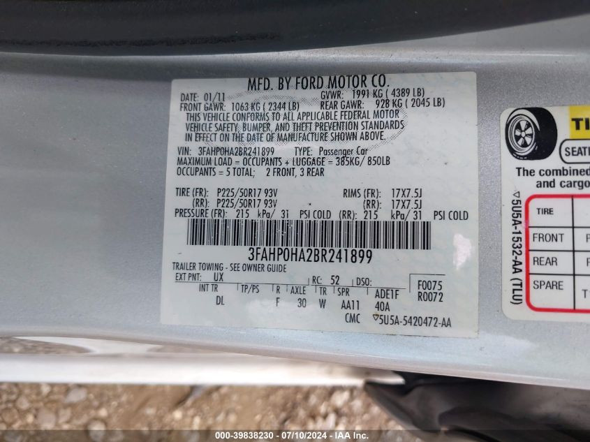 2011 Ford Fusion Se VIN: 3FAHP0HA2BR241899 Lot: 39838230