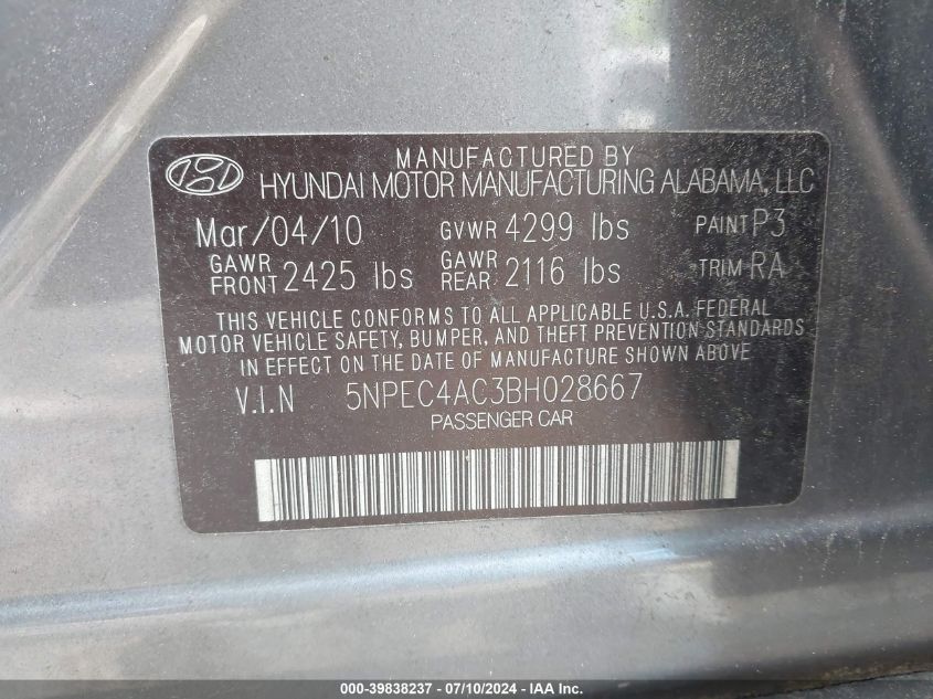 2011 Hyundai Sonata Limited VIN: 5NPEC4AC3BH028667 Lot: 39838237