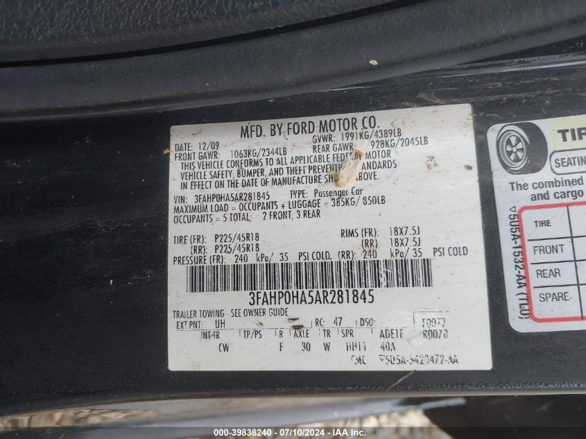 2010 Ford Fusion Se VIN: 3FAHP0HA5AR281845 Lot: 39838240