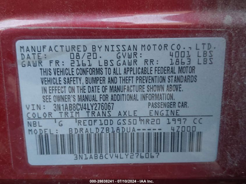 2020 Nissan Sentra Sv VIN: 3N1AB8CV4LY276067 Lot: 39838241