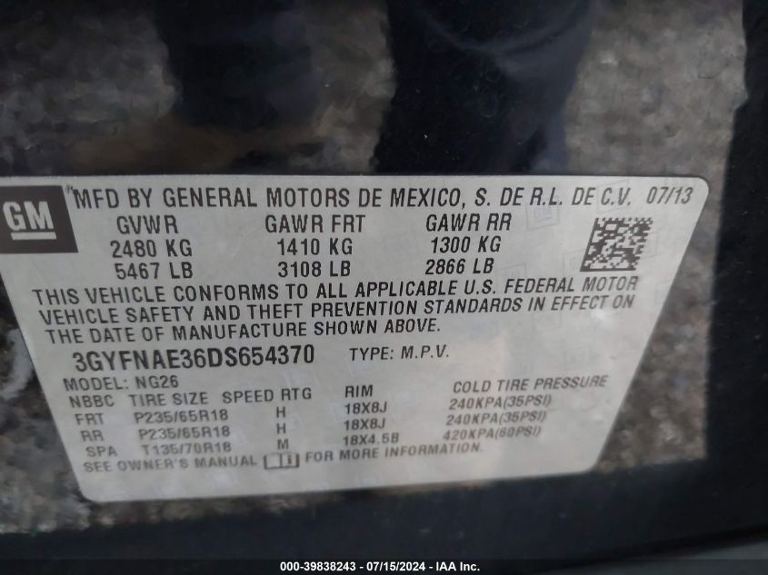 2013 Cadillac Srx Standard VIN: 3GYFNAE36DS654370 Lot: 39838243