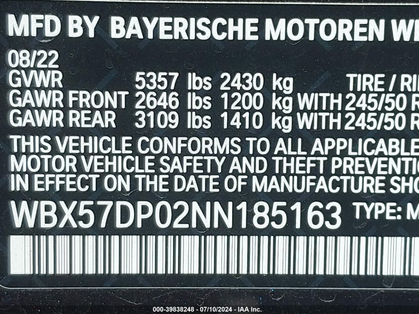 2022 BMW X3 xDrive30I VIN: WBX57DP02NN185163 Lot: 39838248