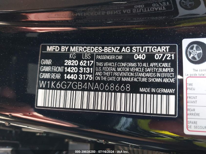 2022 Mercedes-Benz S 580 4Matic VIN: W1K6G7GB4NA068668 Lot: 39838250