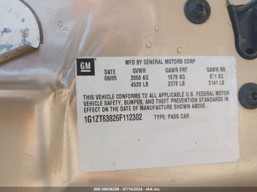 2006 Chevrolet Malibu Maxx Lt VIN: 1G1ZT63826F112302 Lot: 39838259