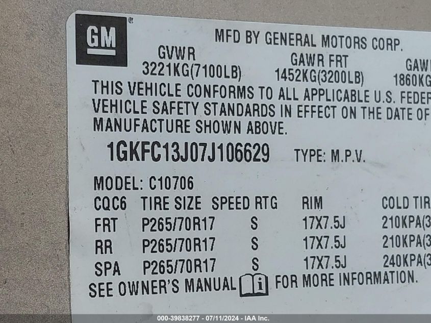 2007 GMC Yukon Slt VIN: 1GKFC13J07J106629 Lot: 39838277