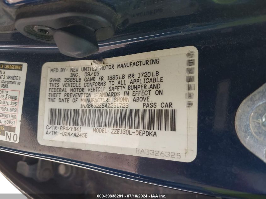 2004 Toyota Corolla Ce VIN: 1NXBR32E54Z251728 Lot: 39838281