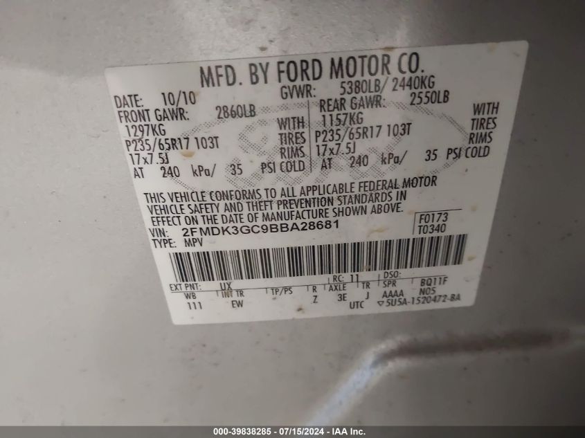 2011 Ford Edge Se VIN: 2FMDK3GC9BBA28681 Lot: 39838285